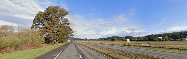 Street level view of State route 299 near Blue Lake. The four lane roadway is divided in the middle by a grassy median. A large tree towers over the roadway and an oncoming truck is visible beneath a blue sky with scattered clouds.