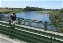 Simulated view of the proposed pedestrian crossing on Dr. Fine Bridge in Del Norte County. Two people stand and look west over the Smith River.