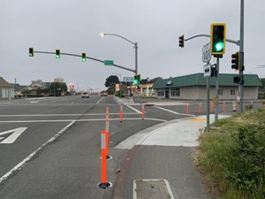 Delineators mark temporary bulbout at the intersection of Broadway and McCullens in Eureka, California. 