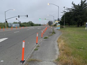 Delineators mark temporary closure of deceleration lane in south Eureka, California.