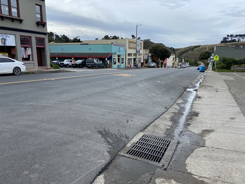 Route 1 running through Point Arena in Mendocino County. A sidewalk runs along the roadway in front of stores and buildings. 