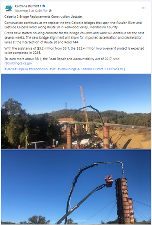 Screenshot of Facebook post about the Calpella Two Bridges Replacement Project