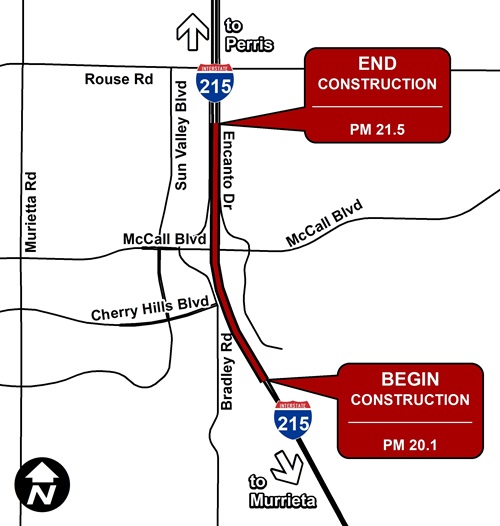 Map of Interstate 215 running North and south, with marking in red showing the project zone around the McCall Interchange in Menifee