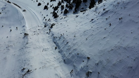 An aerial look at the avalanche on U.S. 395 along Mono Lake in March 2023.