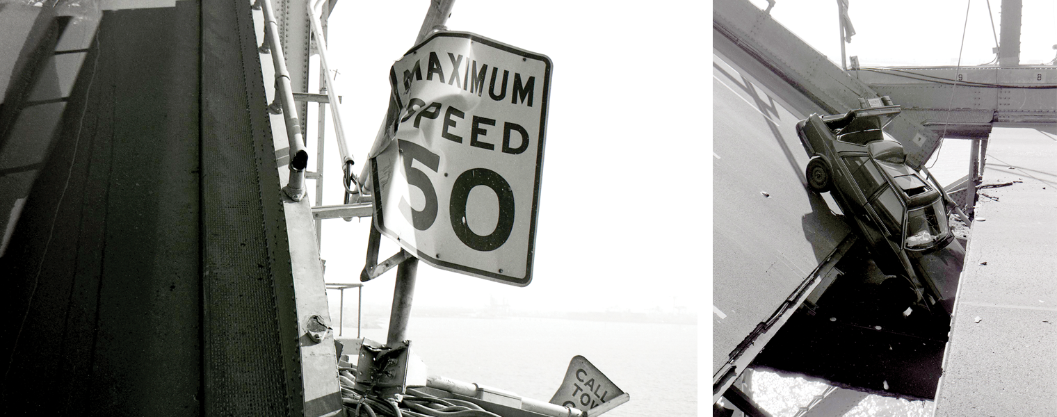 Image shows mangled speed limit sign on stretch of the bay bridge on the left, and badly damaged car that had nearly plunged into the bay below.