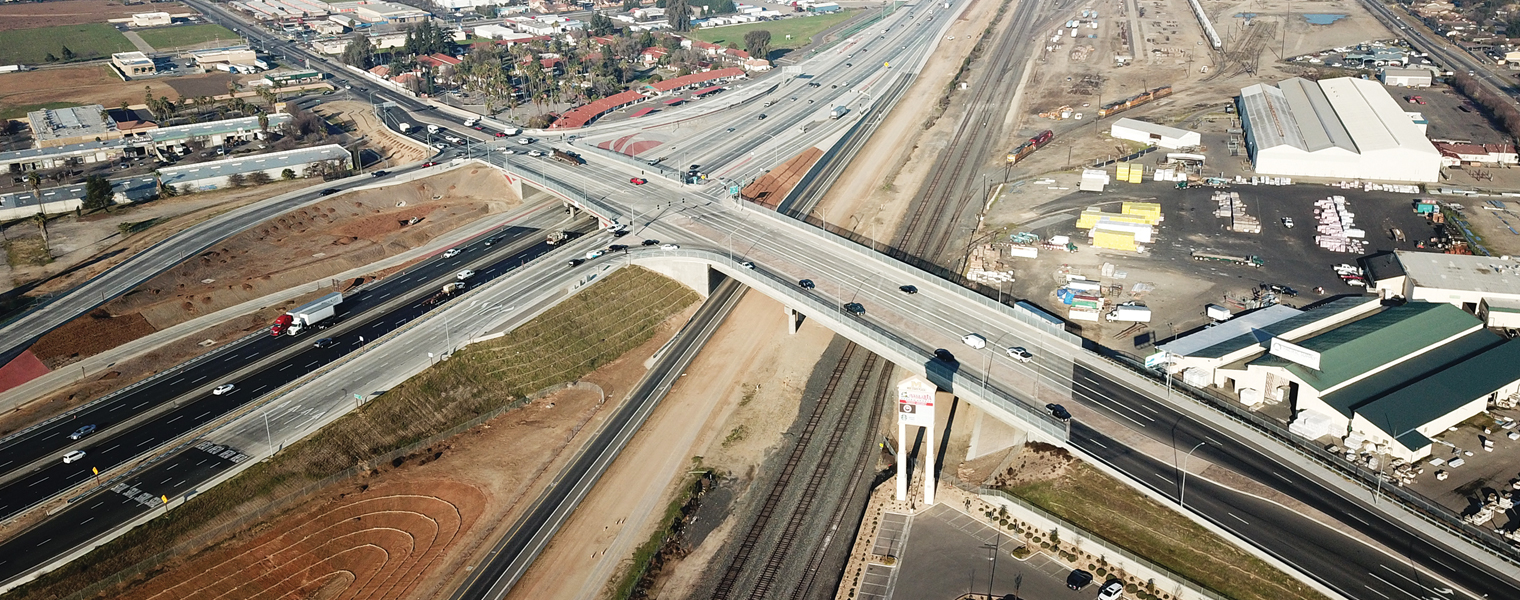 Photo shows an aerial view of the construction project on Highway 99 in Fresno