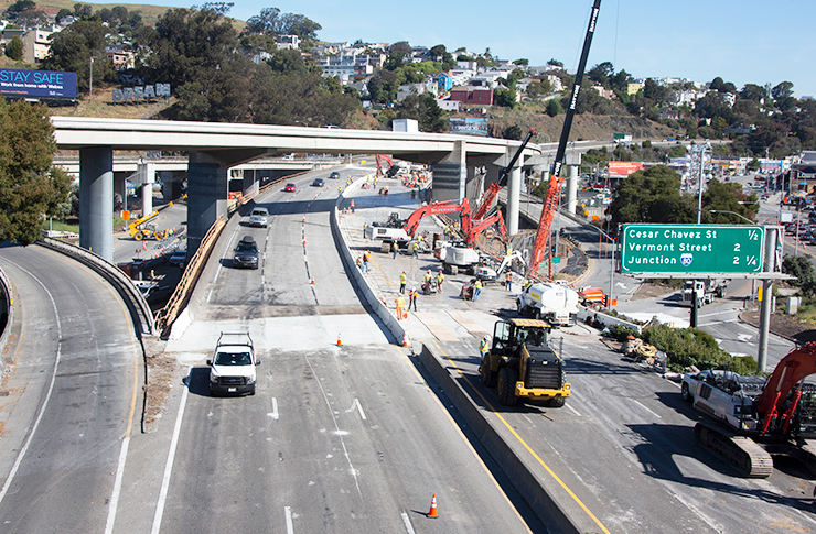 Aerial view of construction on Highway 101 in San Francisco.