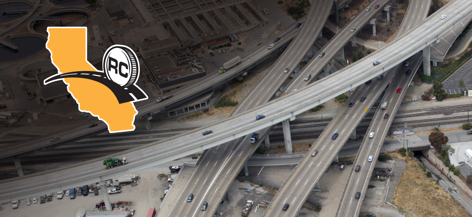Graphic art showing the Road Charge logo and an aerial photo of the Bay Area freeway system