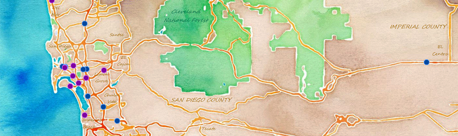 Artistic rendering of a map of the San Diego area. On the map, locations are pinned showing the locations of freeway art murals in the area.