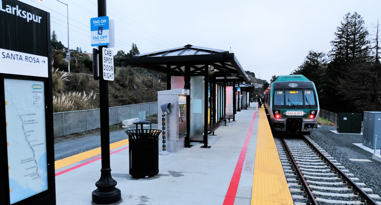 Photo of the SMART train pulling into Larkspur Station in Santa Rosa.
