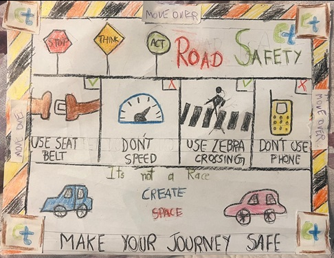 The image is a hand drawn image with the words move over at the top. The drawing is divided into six sections with bloack lines, two rectangles at the top and bottom and four squares in the middle of the image. The top rectangle has the words Road Safety with signs that say stop, think, act. In the middle squares are an image of a seatbelt with the words use seat belt, don't speed with the image of a speedometer, a stick figure crossing a crosswalk with the words use zebra crossing, and an image of a cell phone with the words don't use phone. The bottom rectangle has a drawing of a blue and pink car with the words it's not a race create space make your journey safe. The caltrans logo is in each corner of the drawing.