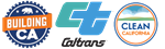 Logos for Rebuilding California, Caltrans, and Clean California, in that order.