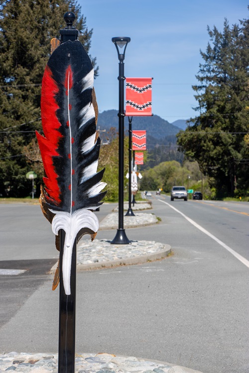A tribal inspired metal feather is installed adjacent to State Route 96 in Hoopa. 
