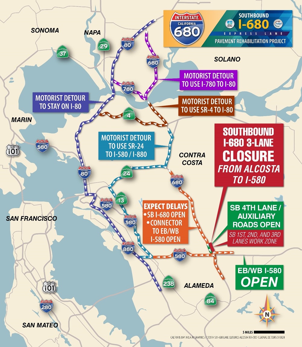 Map of the detour routes for partial closures of southbound I-680 between Alcosta Boulevard in San Ramon and i-580/I-680 connector in Pleasanton.