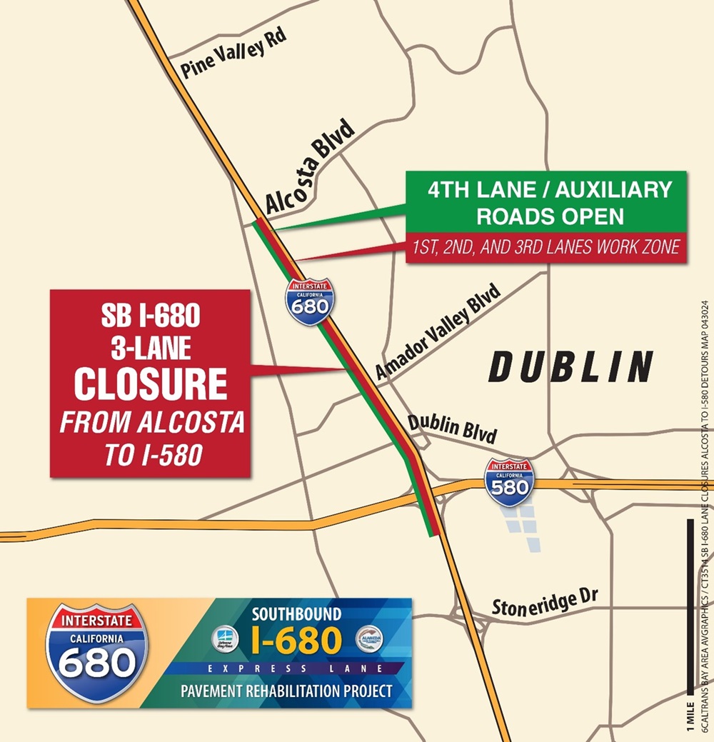 Map of the partial closure of southbound I-680 between Alcosta Boulevard in San Ramon and i-580/I-680 connector in Pleasanton.