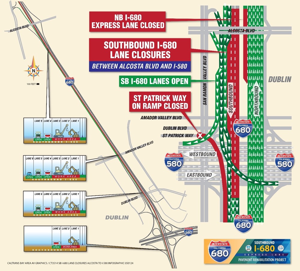 Map of the partial closures of southbound I-680 between Alcosta Boulevard in San Ramon and i-580/I-680 connector in Pleasanton.
