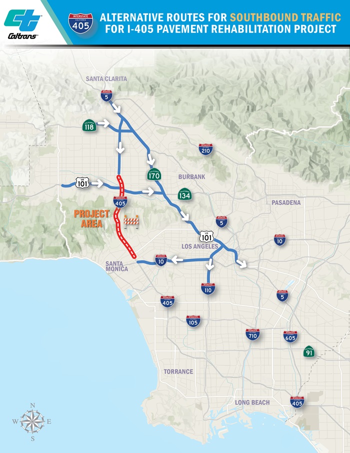 Map showing southbound 405 highway closures for repaving project