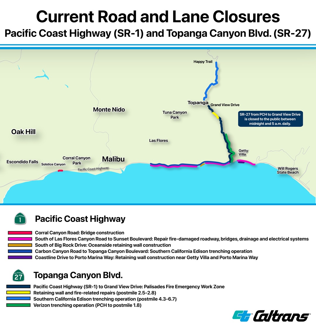 A map showing projects where there may be lane closures on Pacific Coast Highway and State Route 27/Topanga Canyon Boulevard due to Palisades Fire and storm damage recovery work.